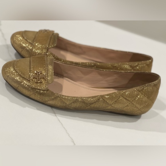 Tory Burch Leila Gold leather Shimmer Loafers Size 7.5 - Picture 6 of 11